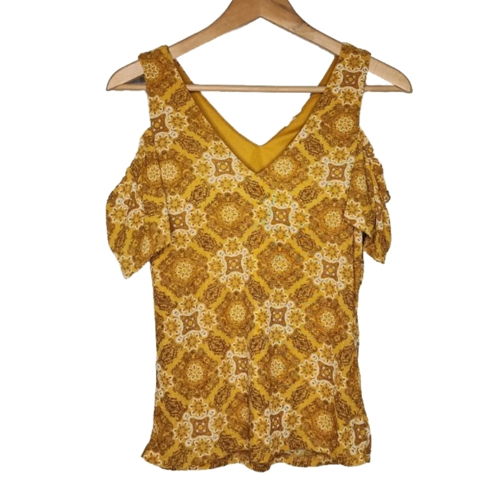 Allie Rose Gold Medallion Print Cold Shoulder Top Size S